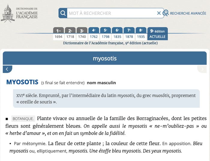 myosotis, Dictionnaire de l'Académie française